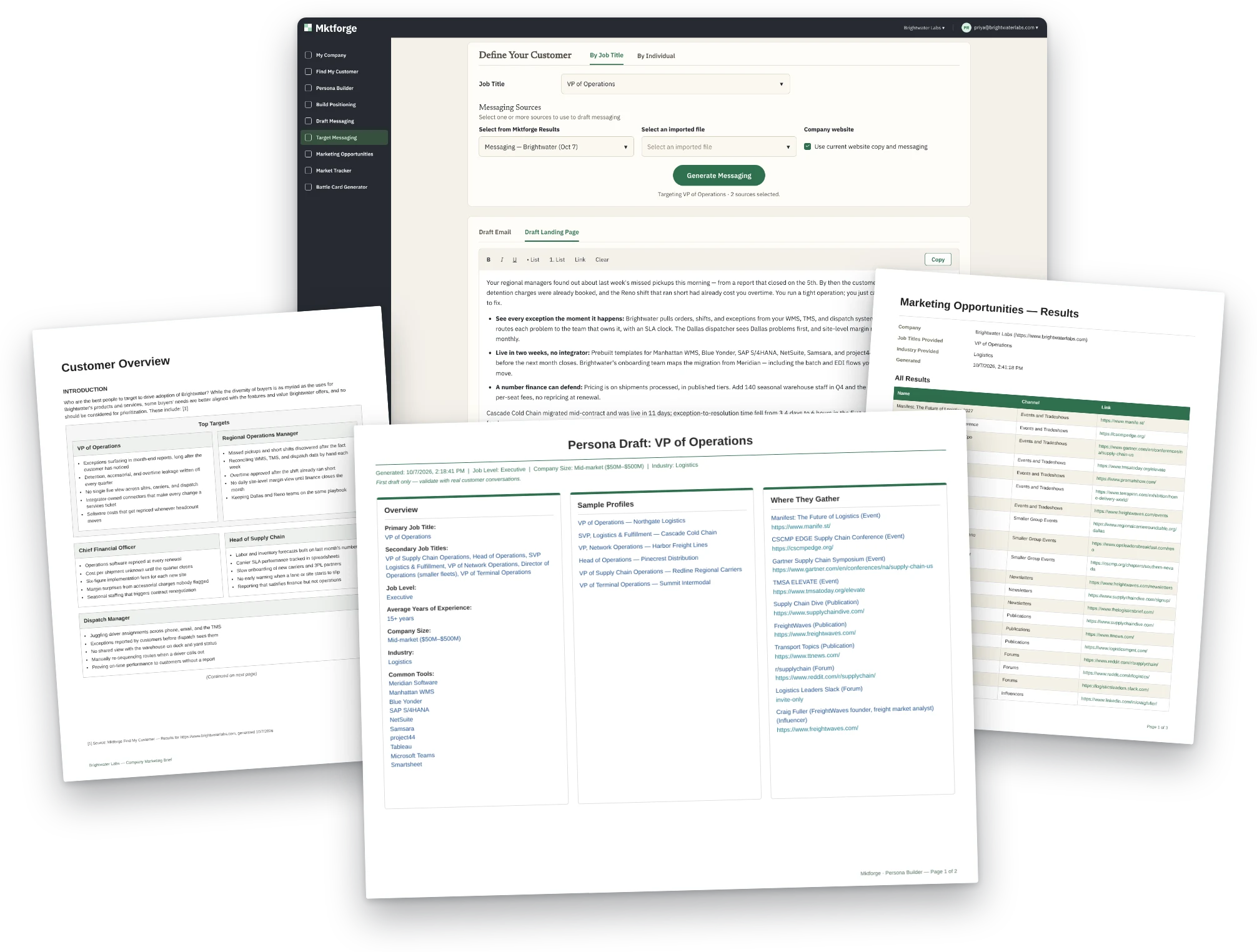 Mktforge's Target Messaging module with generated Find My Customer, Persona and Marketing Opportunities reports in front.