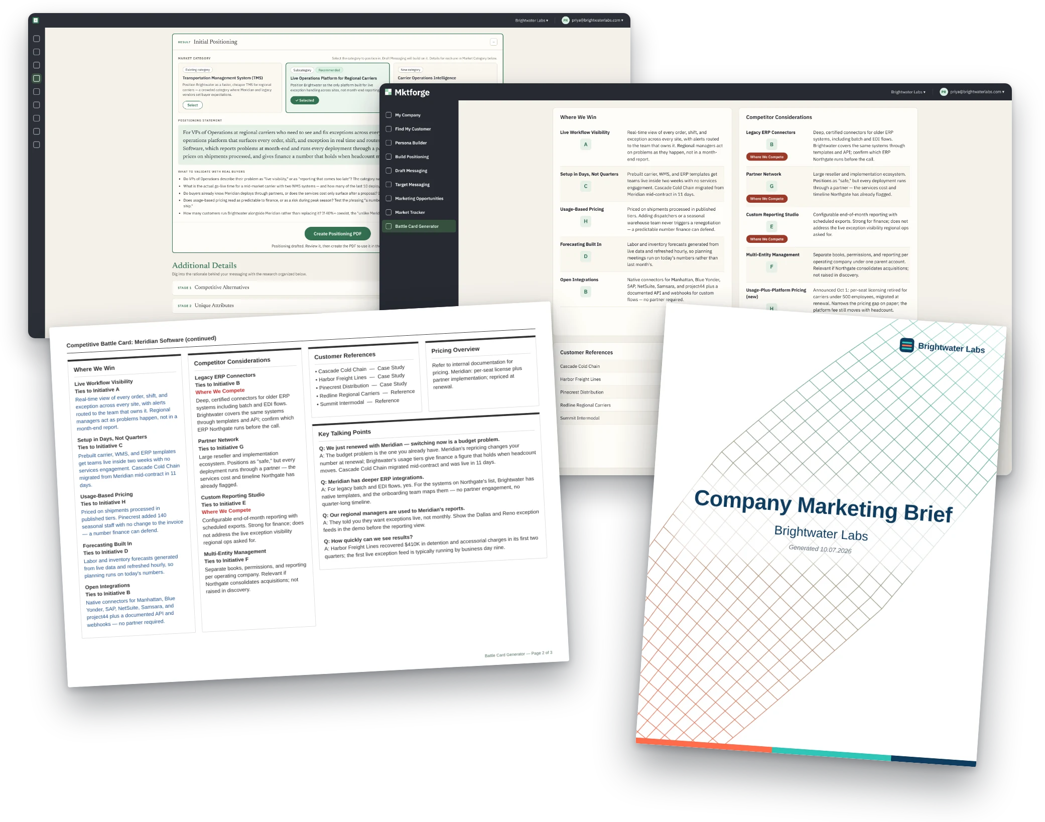 The Initial Positioning and Battle Card Generator screens in the Mktforge app, with a generated battle card and company marketing brief in front