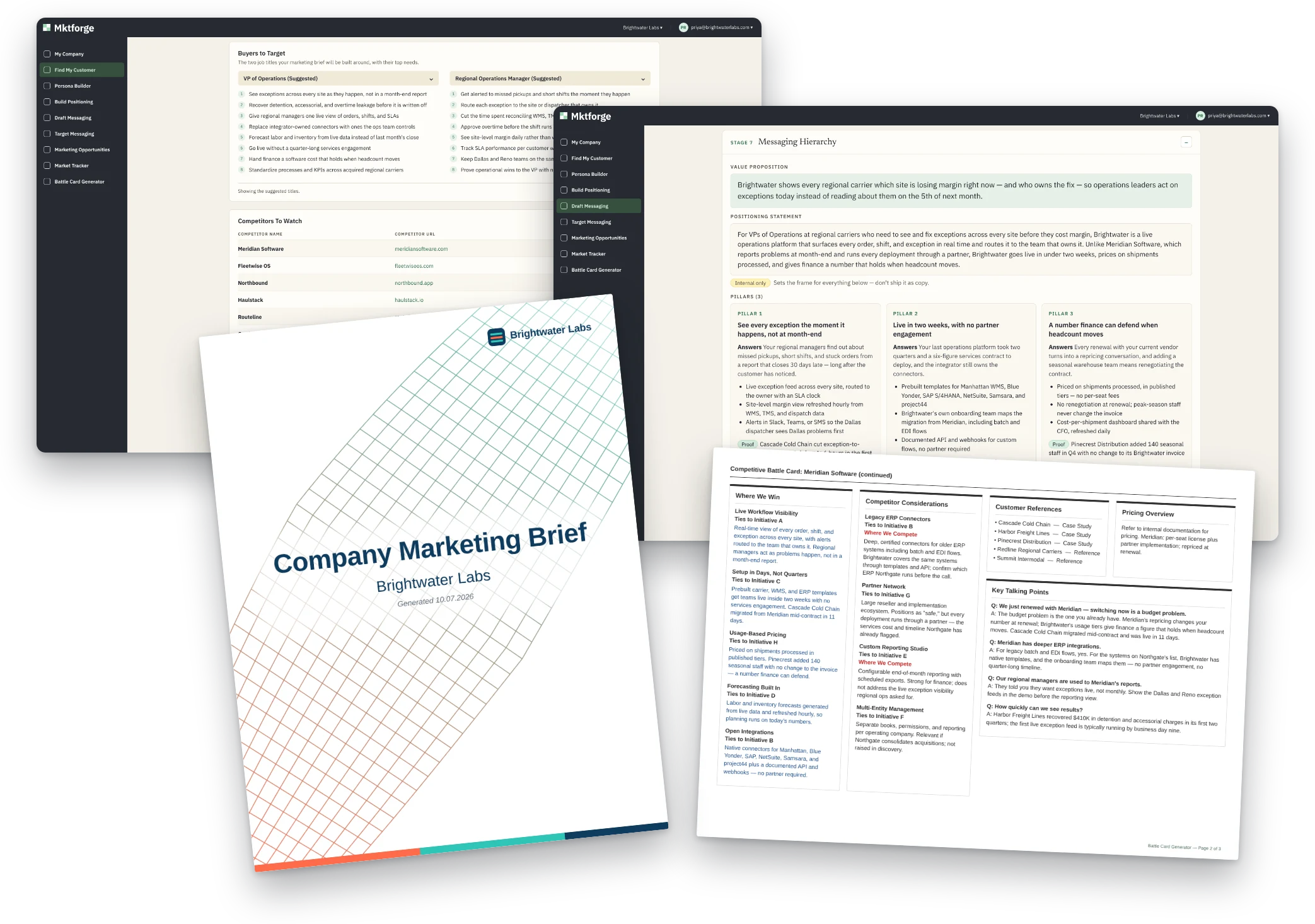 Find My Customer and Draft Messaging screens in the Mktforge app with a company marketing brief and battle card in front