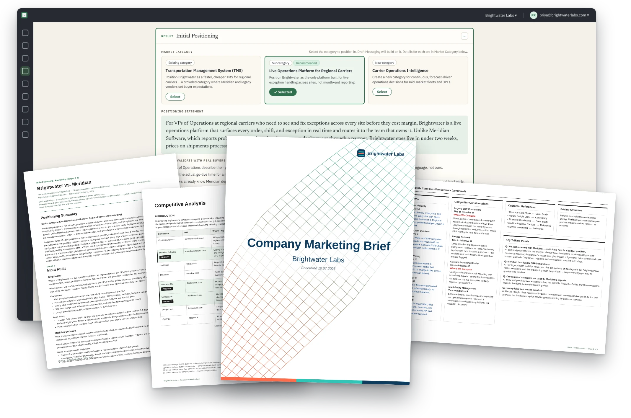 The Build Positioning module in the Mktforge app with a positioning brief, competitive analysis, company marketing brief, and battle card fanned in front