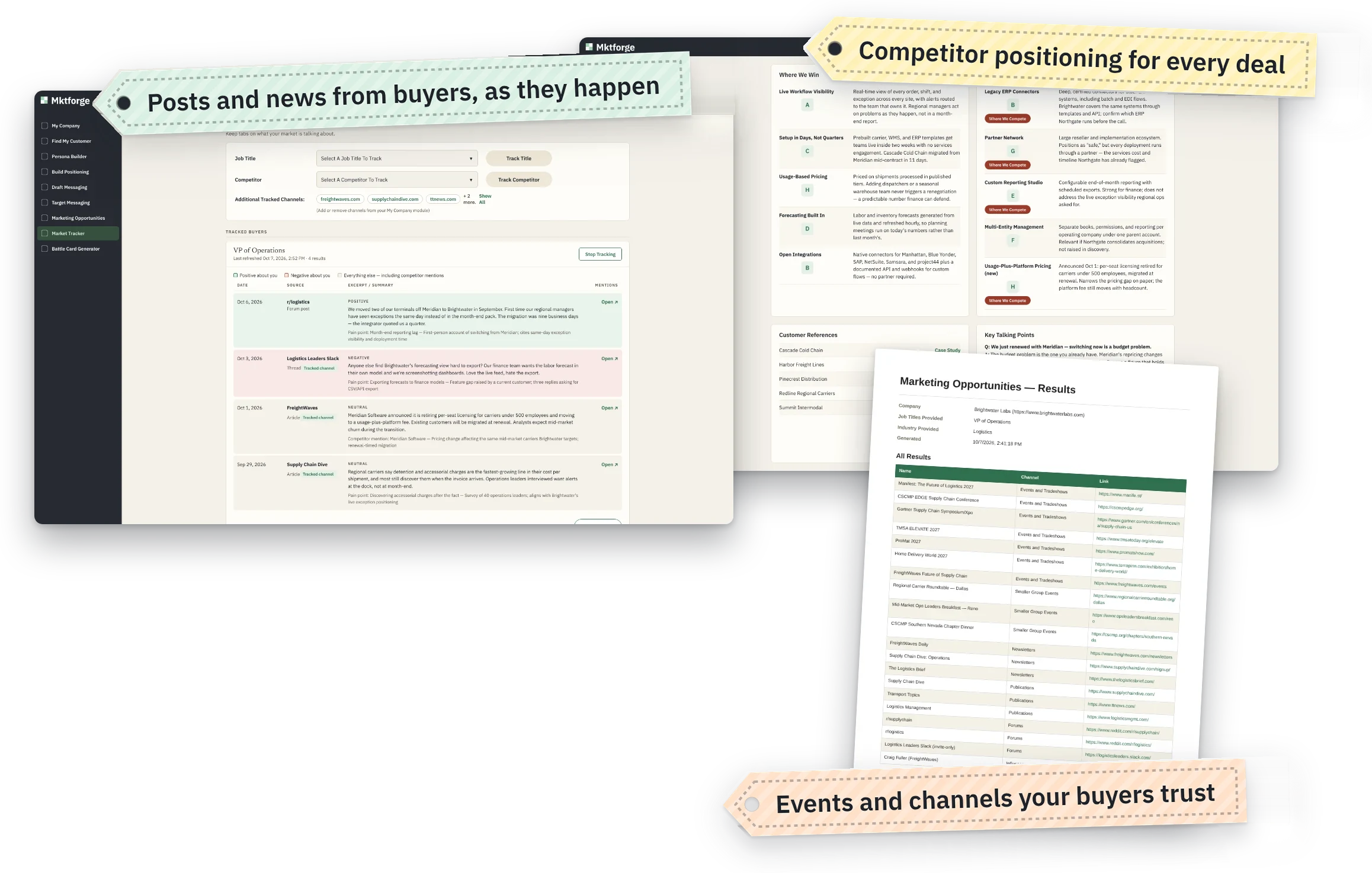 Market Tracker posts, Battle Card Generator results, and a Marketing Opportunities results PDF in the Mktforge app