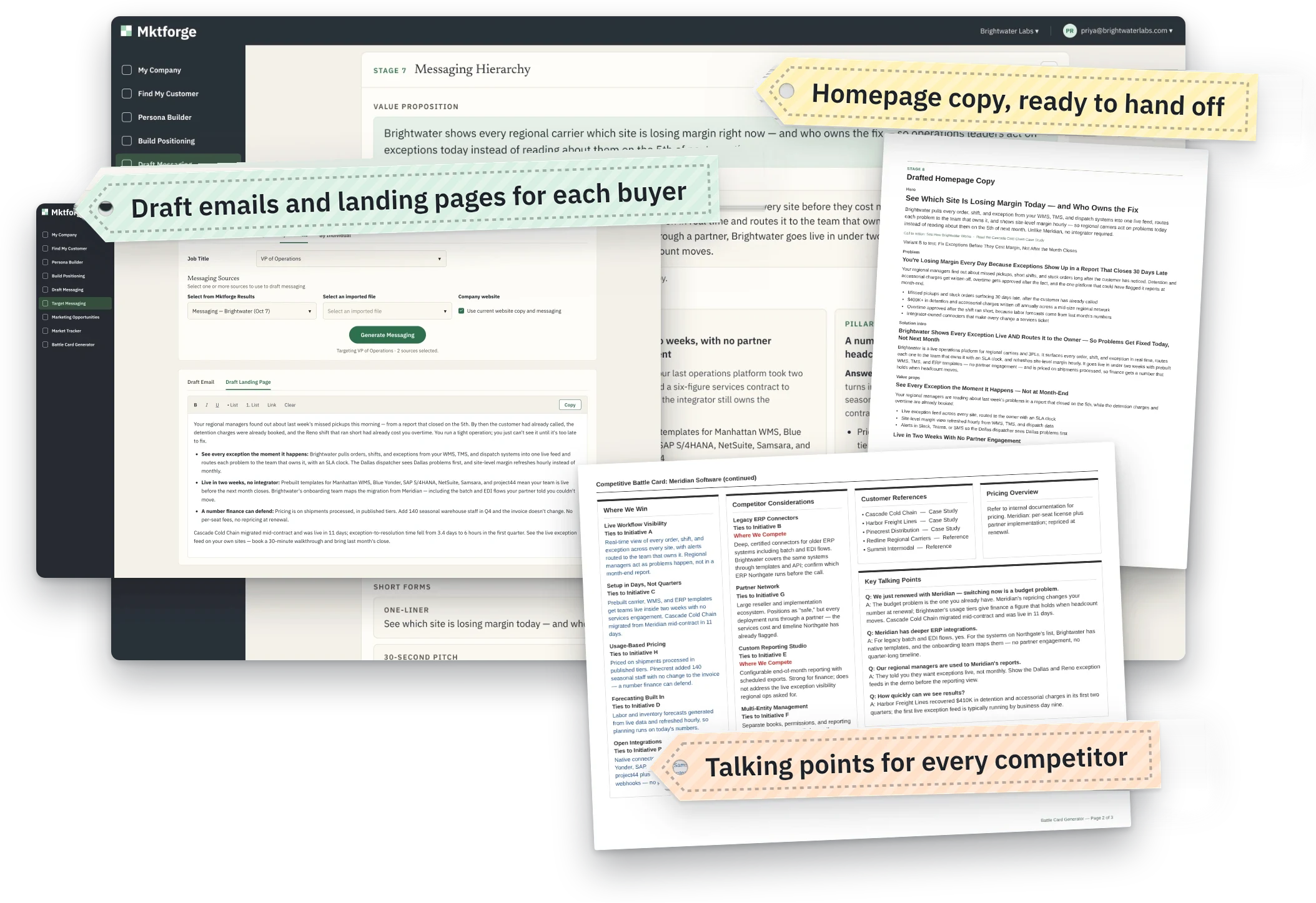 The Draft Messaging hierarchy in the Mktforge app with a drafted landing page, homepage copy PDF, and battle card talking points in front
