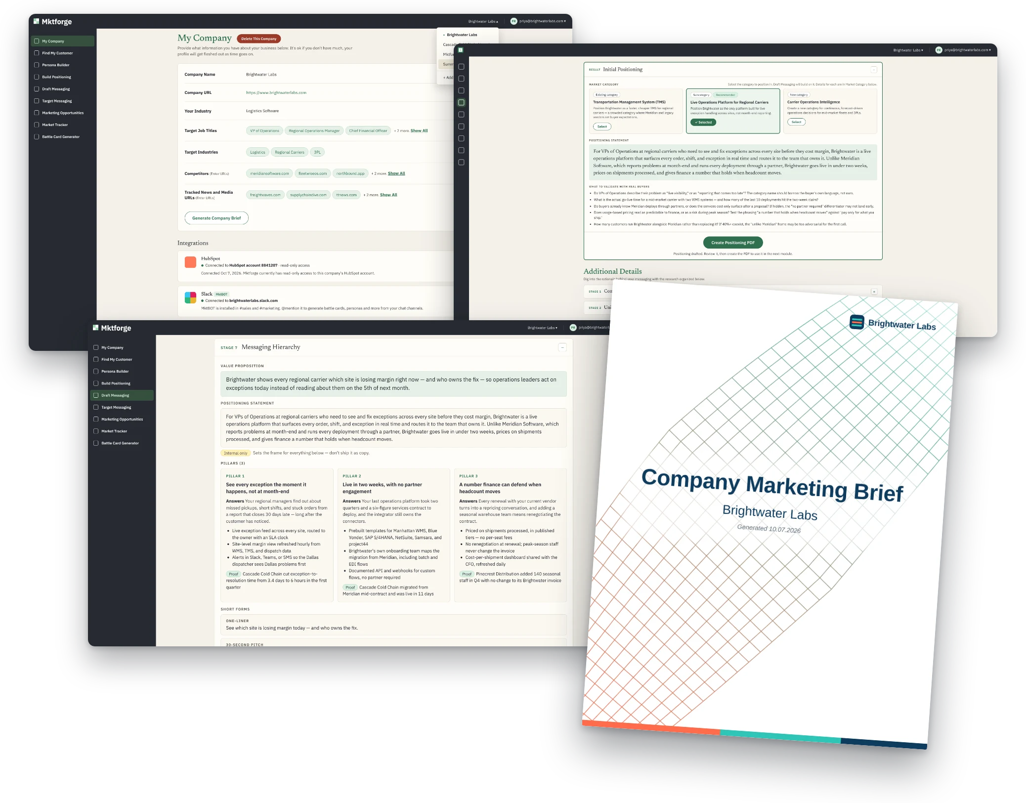 The Mktforge app with a drafted positioning statement and the My Company, Draft Messaging, and company marketing brief outputs in front