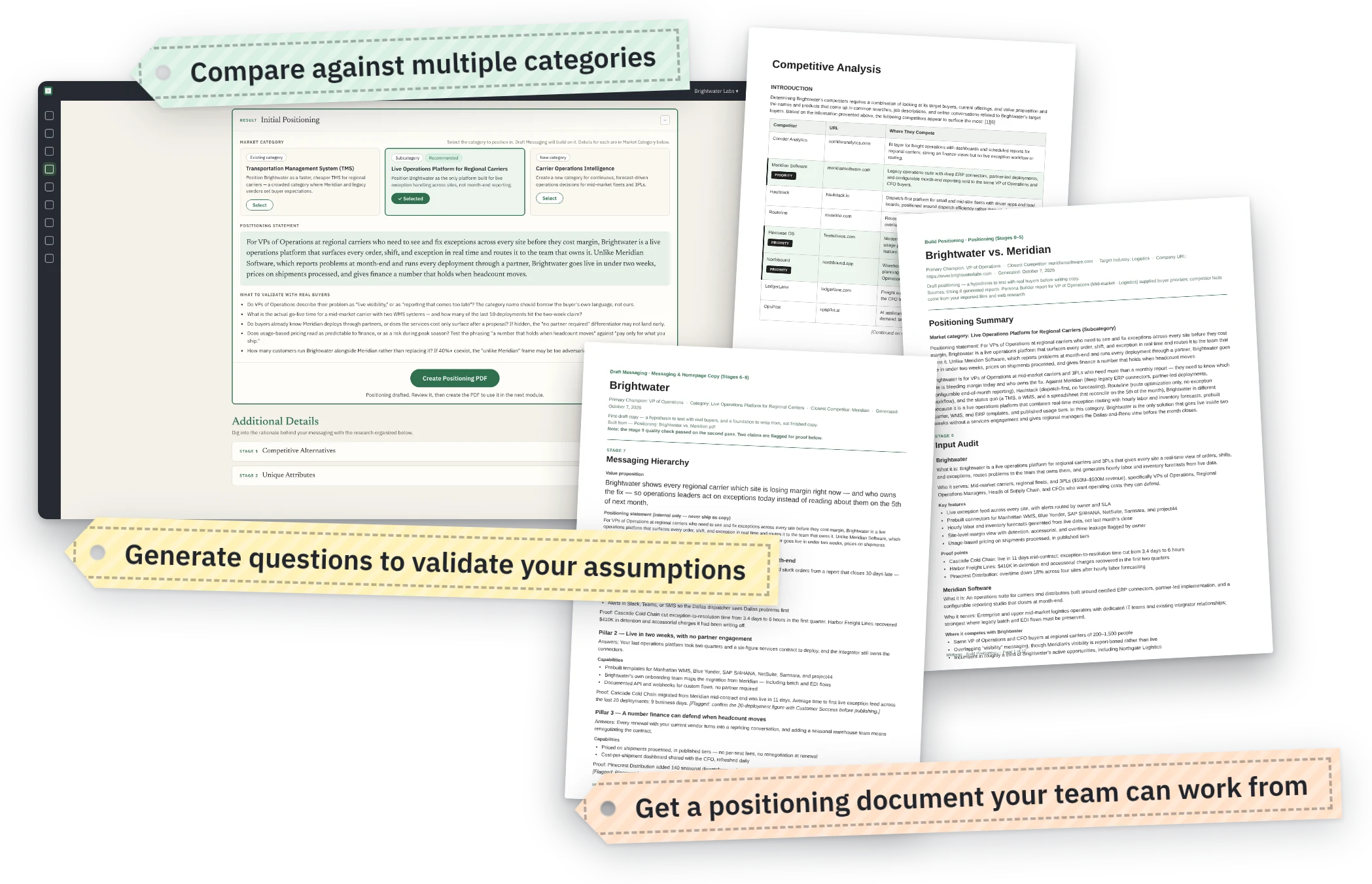 The Build Positioning module in the Mktforge app with three market categories compared, plus the competitive analysis, positioning brief, and messaging PDFs it produces