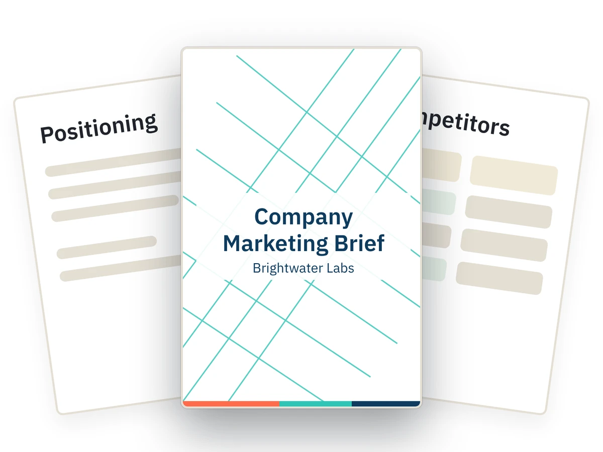 A generated company marketing brief with the positioning and competitive analysis pages fanned behind it