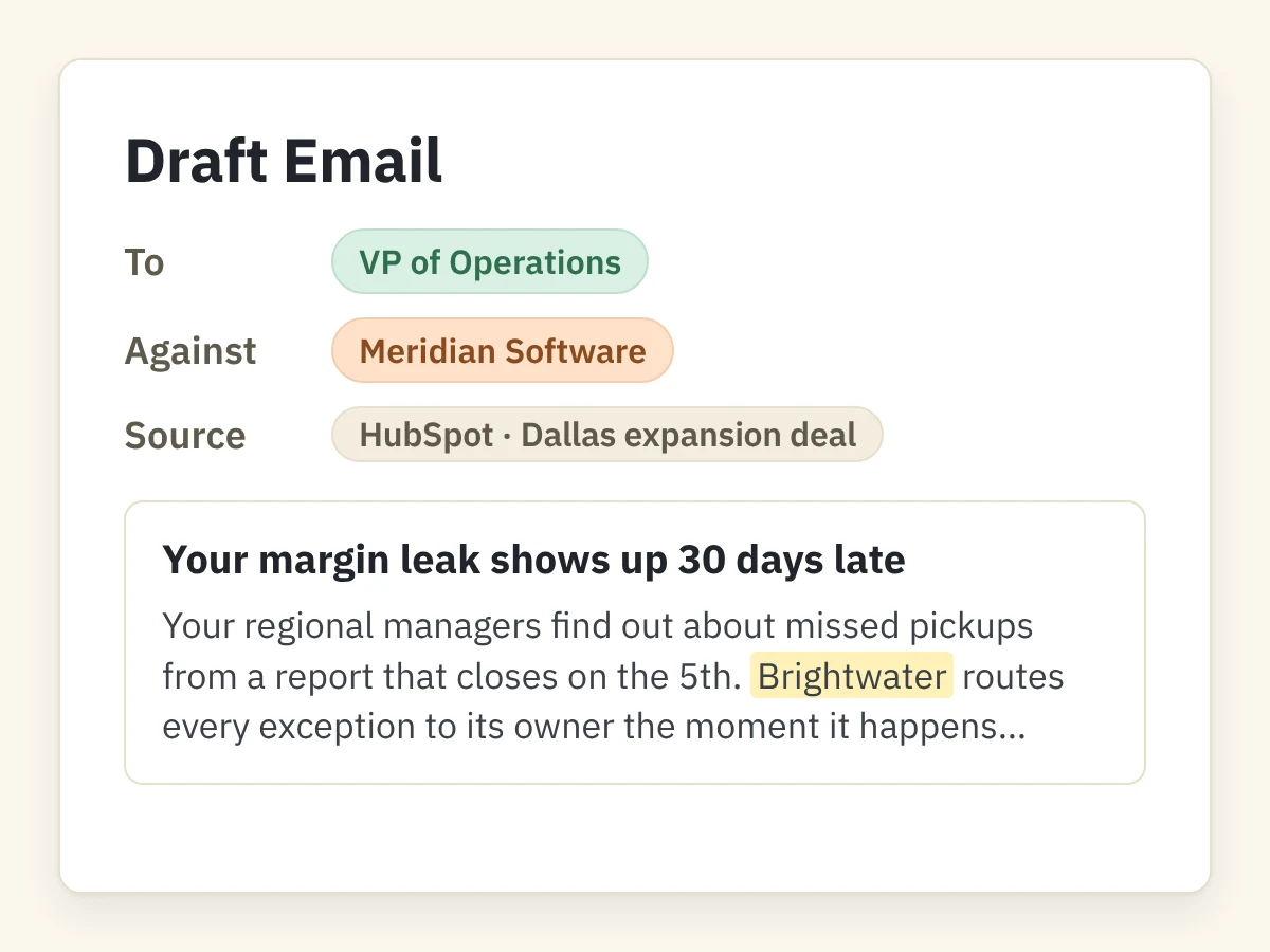 Message Targeter output: a drafted email for a VP of Operations, positioned against a competitor using HubSpot deal context