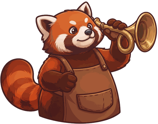 The Mktforge red panda announcing something with a trumpet