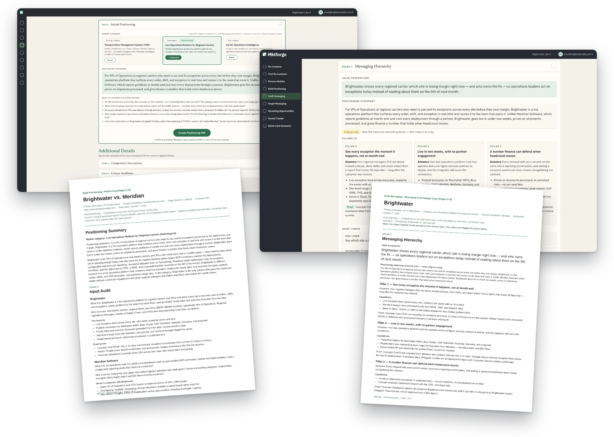 Mktforge's Build Positioning, Draft Messaging and Marketing Opportunities modules, with the generated positioning and messaging PDFs in front.