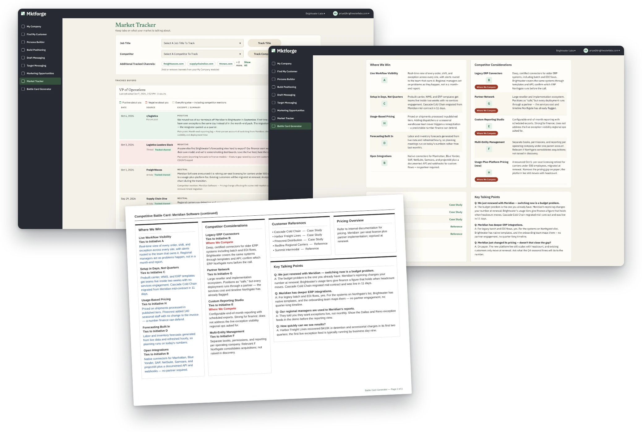 Mktforge's Market Tracker, Persona Builder and Battle Card Generator, with a generated competitive battle card PDF in front.